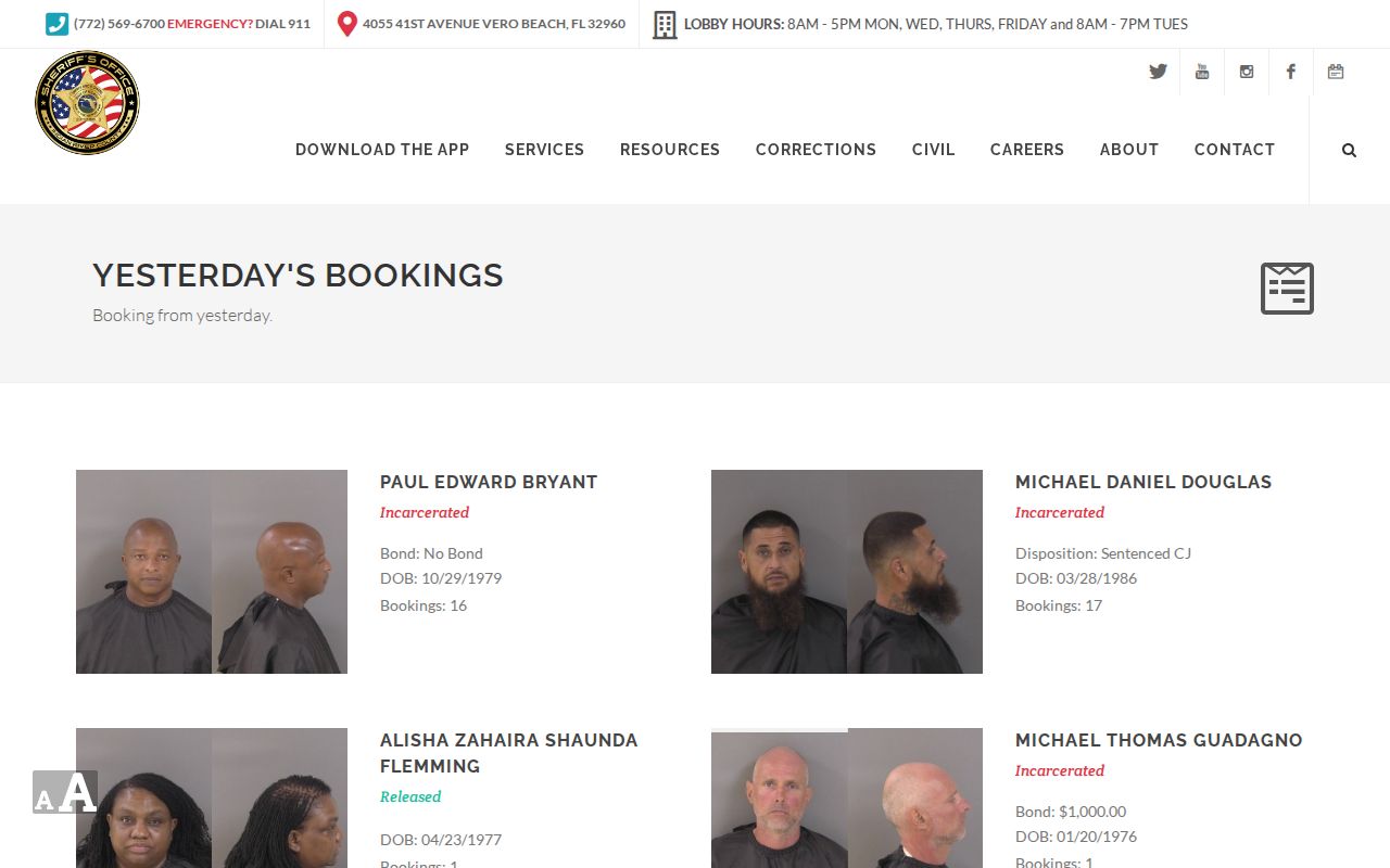 Indian River County prior-day booking page with release labels
