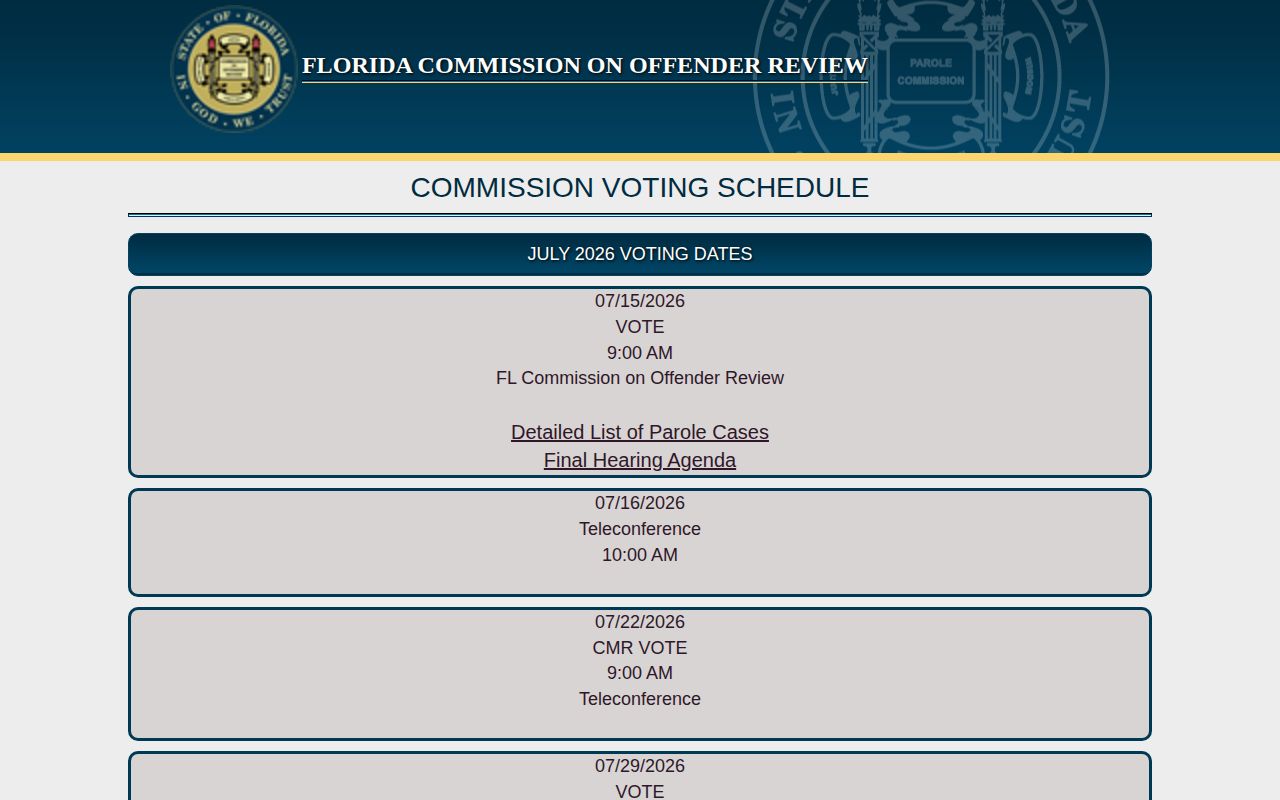 Florida parole hearing calendar for Indian River County supervision cases